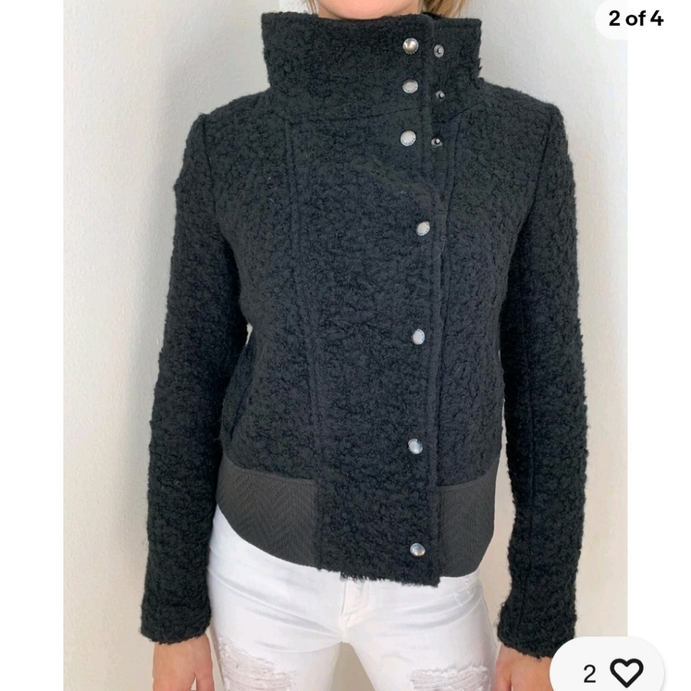 Black Boucle Moto Jacket, Banana Republic, 10, Womens, Funnel Neck, Wool Blend - Picture 3 of 12
